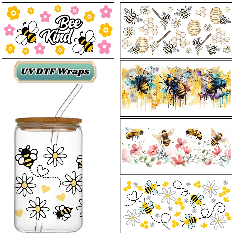 Cute Honey Bee Design 16oz UV DTF Cup Wrap Libbey Glass Beer Can tumbler Transfer Stickers Waterproof Permanent Adhesive