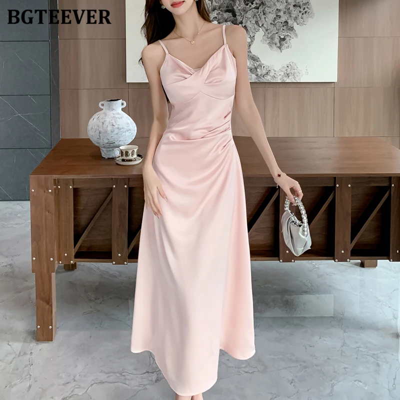 

BGTEEVER Stylish V-neck Ladies Sleeveless A-line Dress Spring Summer Elegant Slim Waist Women Spaghetti Strap Midi Dress