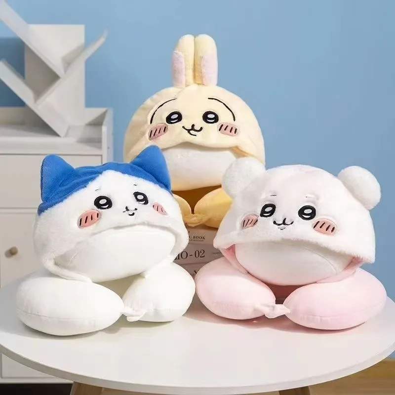 Cute Cartoon Chiikawa Neck Pillow Travel Hooded Animal Neck Rest Plush Car Seat Pillow for Plane Nap Gift