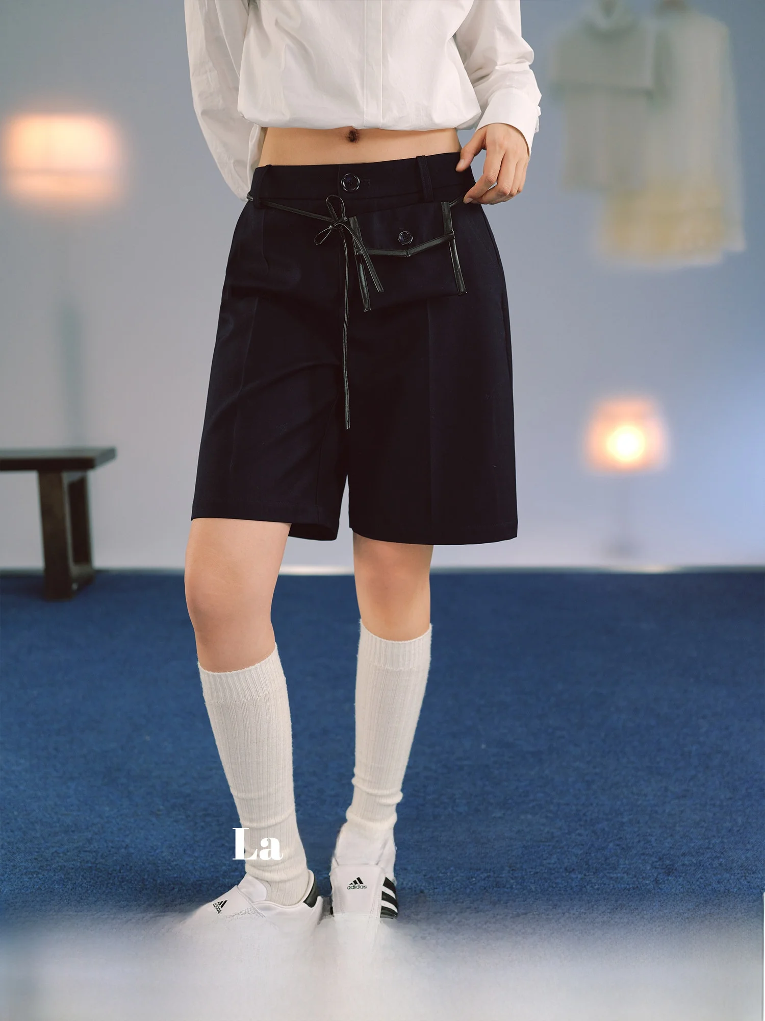 

LaluneDuCiel Fashionable Casual Loose Fit Straight Leg Suit Pants Women's Five-Quarter Length High Waist Polyester Fiber