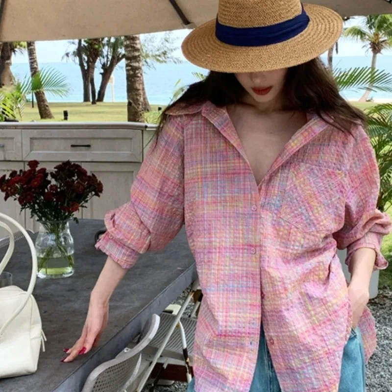 Spring Autumn Elegant Women Colorful Plaid Shirt Long Sleeve Blouse Sun‑Protection Beach Cover‑Up Casual Female Shirts Tops