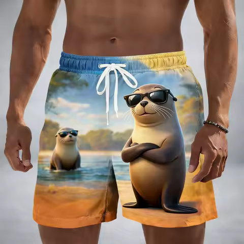 Funny Cool Animal Graphic Beach Shorts, Men's Casual Drawstring Swim Trunks, Built for Tropical &amp; Vacation Looks