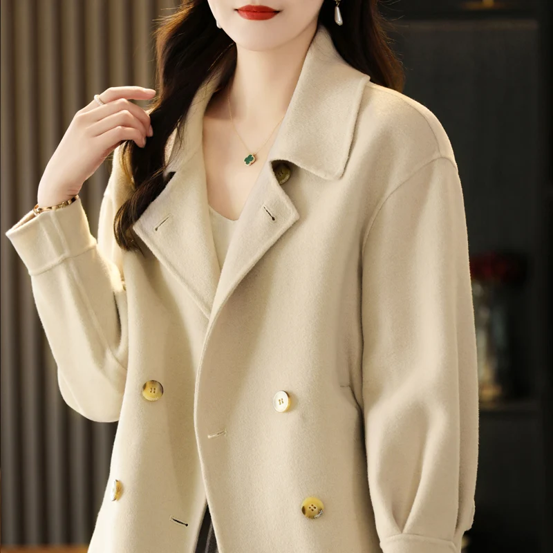 Women\'s Double-Sided Cashmere Coat, Korean Design Sense, Double-Breasted, High-End, Pure Wool, 2024, New