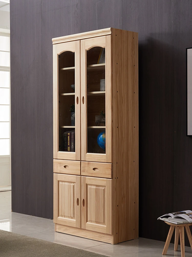 

All solid wood pine two-door bookcase with glass locker integrated bookshelf floor shelf against the wall study cabinet