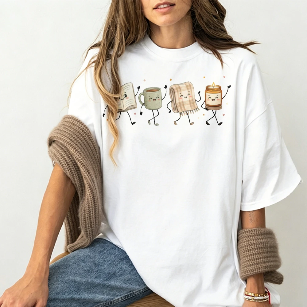 Cute Cozy Fall Reading Book Coffee Mug Blanket Candle Dancing Character Graphic T Shirt Book Lover Autumn Vibes Print Gift Tees