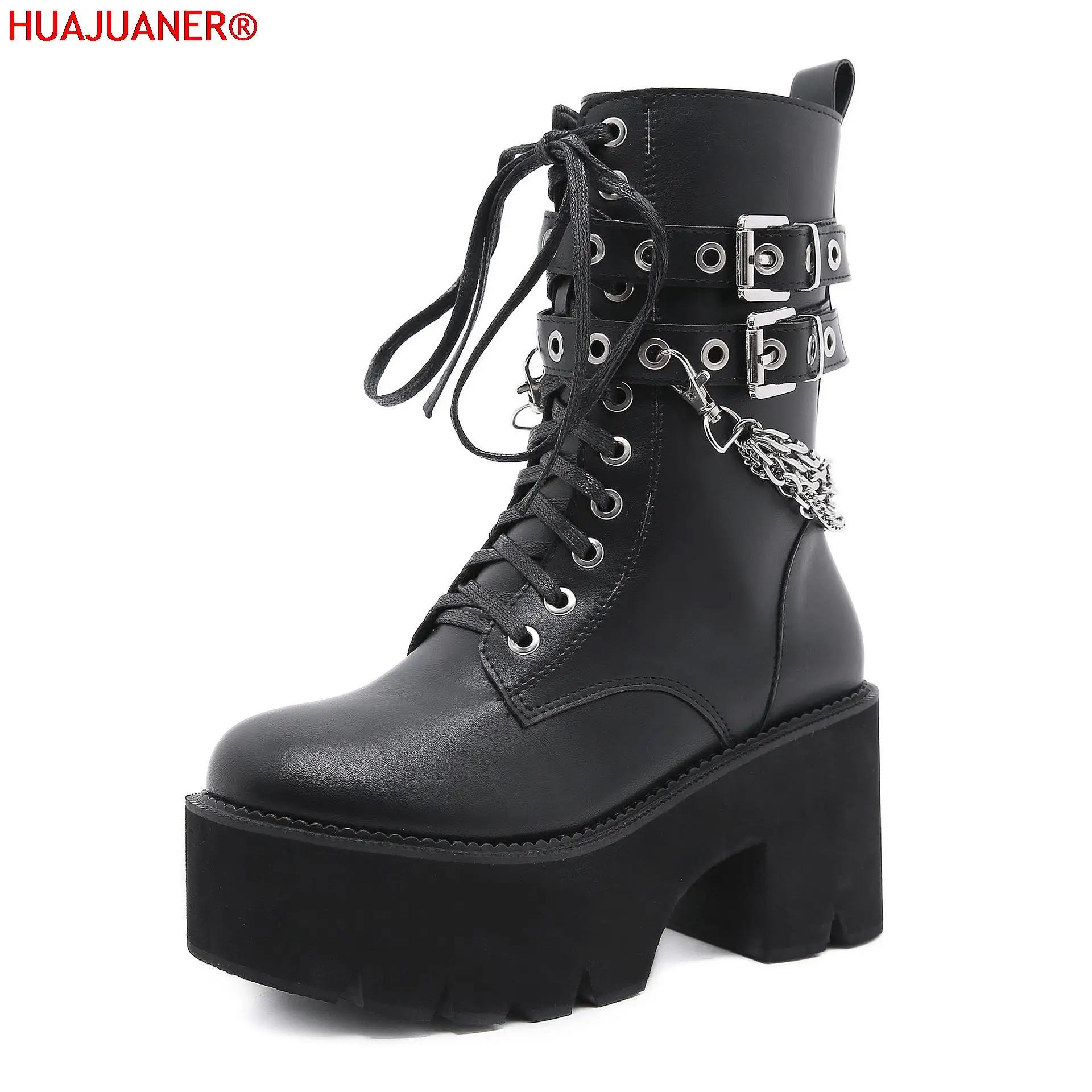 High Quality Leather Gothic Black Boots Women Heel Sexy Chain Chunky Heel Platform Boots Female Punk Style Ankle Boots Zipper