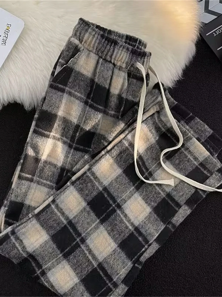 

Винтажные черно-белые клетчатые брюки свободного кроя для мужчин и женщин, повседневные брюки прямого кроя с широкими штанинами, осенне-зимняя коллекция, модный бренд