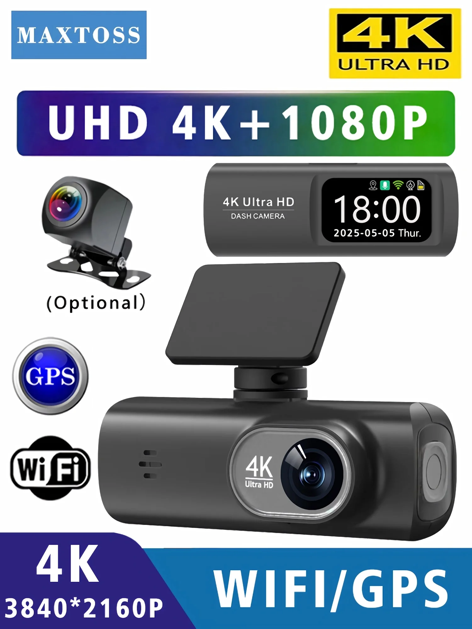 Dash Cam 4K 3840*2160P GPS WIFI Auto DVR Voor en Achter Dual Lens Auto Camera met Nachtzicht Dashcam 24H Parkeermonitor - afbeelding 2