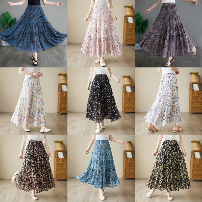 

Summer Chiffon A-Line Skirt High Waist Ele Long Loose Pleated Maxi Skirt Cake Skirt Casual Sle Printed Polyester Fiber