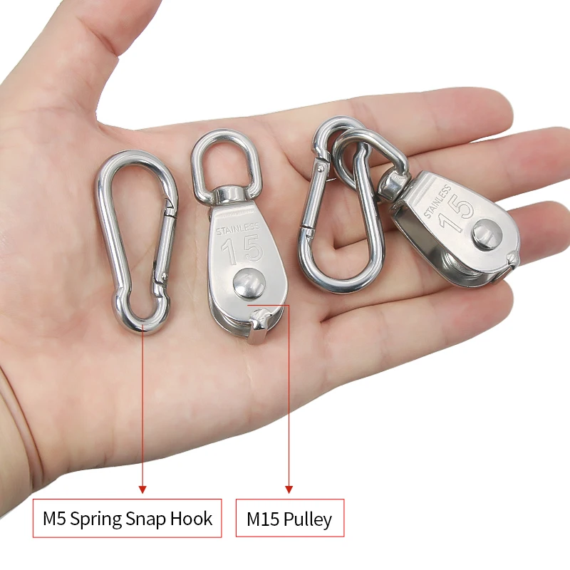 2-6PCS M15 stainless steel pulleys, single pulley with M5 climbing buckle rotatable rope, lifting tool