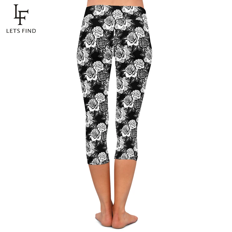 LETSFIND Summer Workout Black High Waist Leggings Rose Digital Printing Women Sexy Mid-Calf Leggings