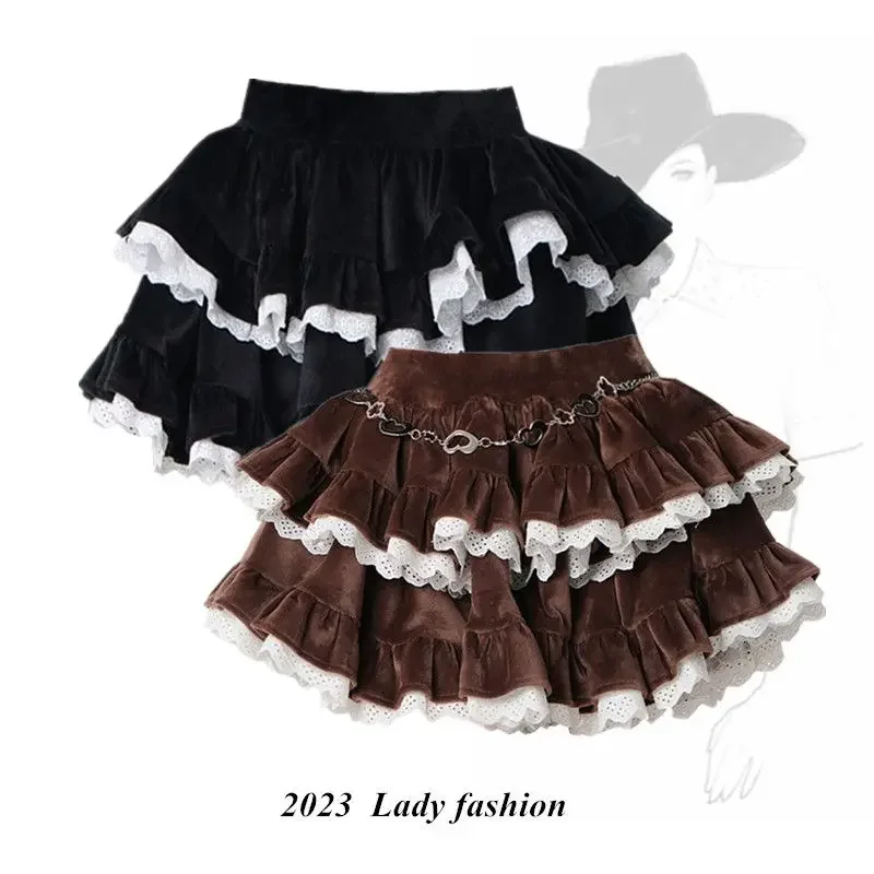 

Japanese Lolita Corduroy Short Skirt 2025 Autumn New Niche Lace Ruffle Edge Bilayer Cake Skirt Women Sweet A-line Y2k Skirt