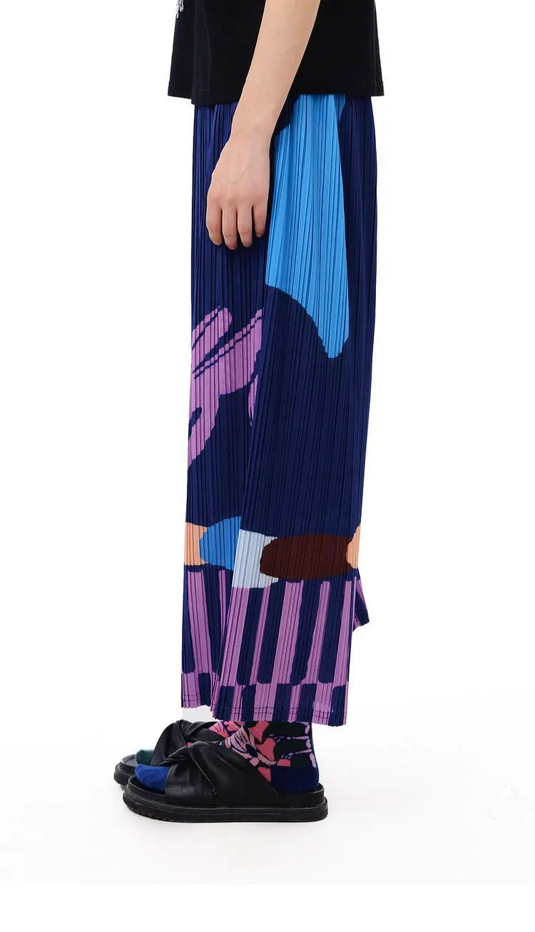Pleated summer new FUN series elastic waist pocket fun printing casual straight-leg pants women trousers