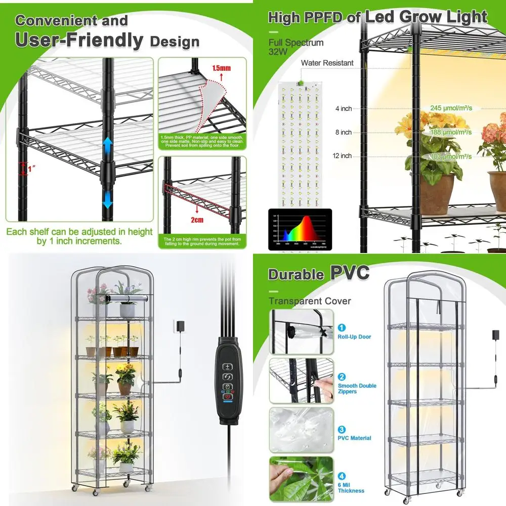 

5-Tier Adjustable Metal Plant Stand with Full Spectrum Lights and PVC Cover, 11x16x57 inches