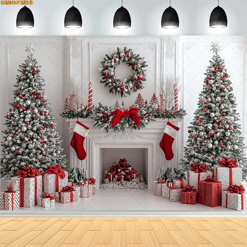 

Christmas New Year Clock Decor Backdrop Photography Vintage Xmas Trees Gifts Snow Winter Indoor Photo Studio Background RE-25