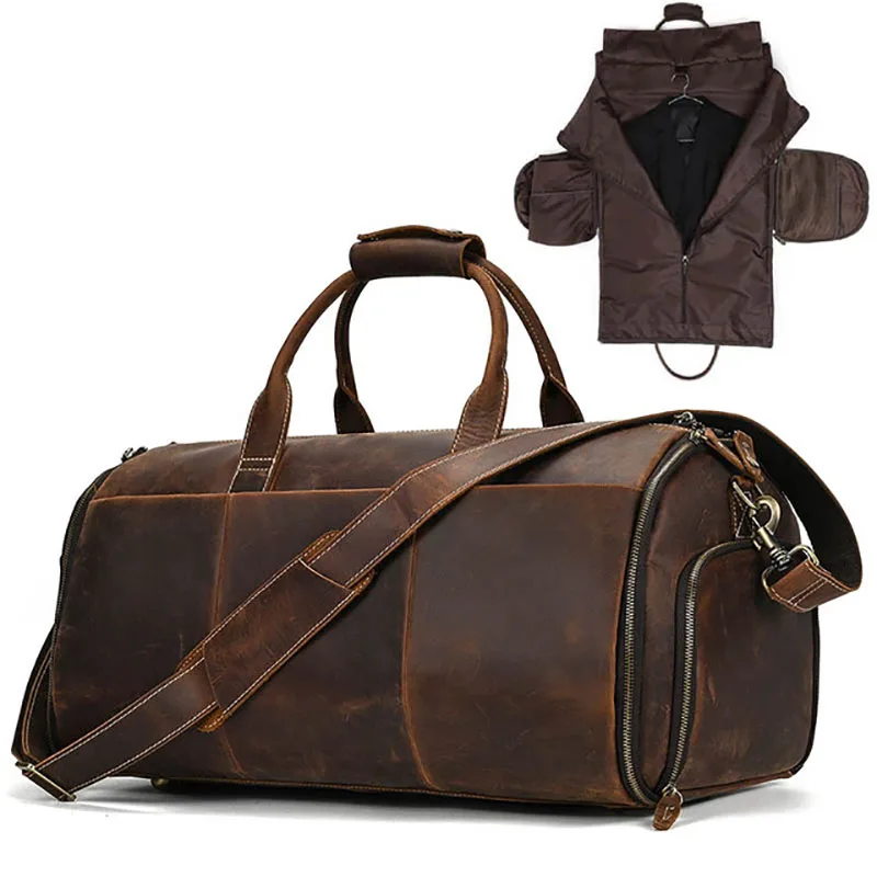 Crazy Horse Leather Folding Suit Bag Man Business Travel Bag With Shoe Pocket Clothes Cover Luggage Duffel Bag Man Bag For Suits