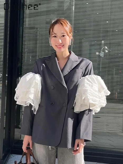 Fashion Pleated Lotus Leaf Splicing Long-sleeved Loose Double-breasted Lapel Blazers Japanese Commuter Style Mid-length Blazers