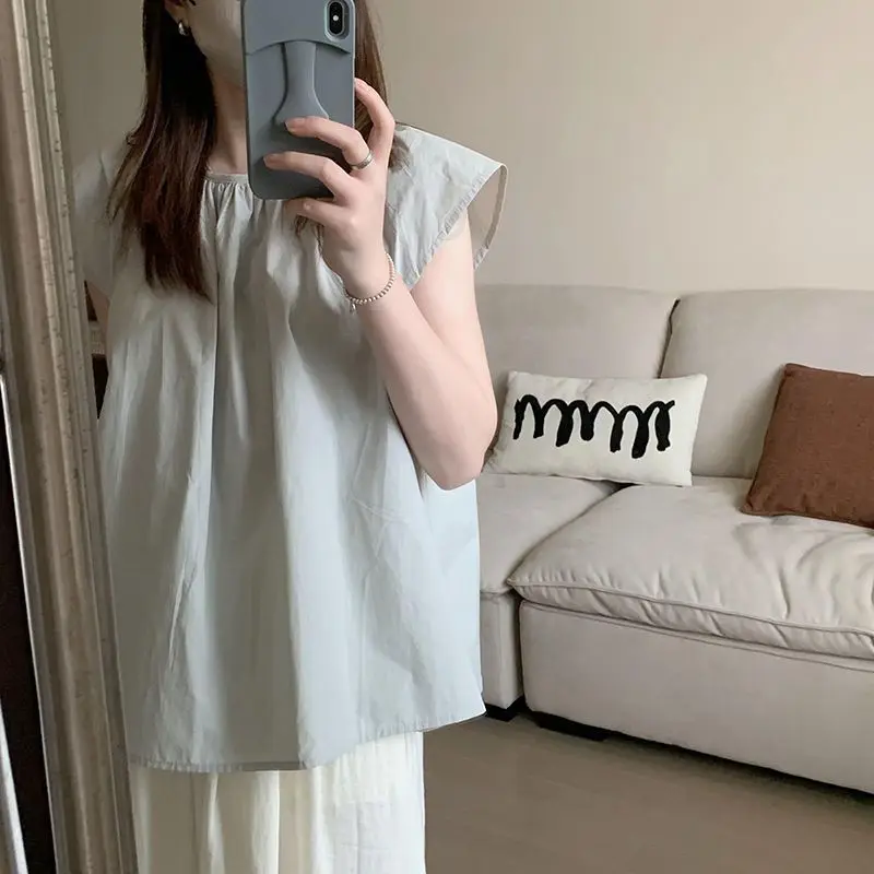 

Korean Style Flutter Sleeve Blouse Women2025Hot-Selling Summer New Korean Style Loose Hem Shirt Solid Color Youthful To