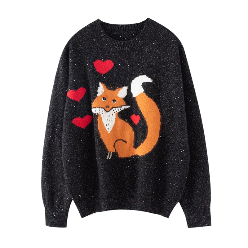 

Новый женский пуловер из 100% чистого кашемира на осень/зиму, повседневный вязаный свитер с мультяшным принтом, свободный джемпер с круглым вырезом, утепленный теплый свитер