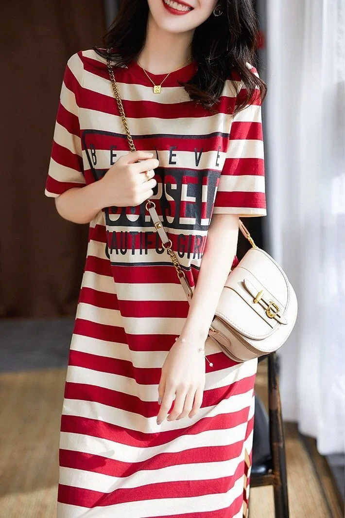 Summer Loose Striped Printed T-shirt Dress Women's Korean Version Medium And Long Short-sleeved Skirt