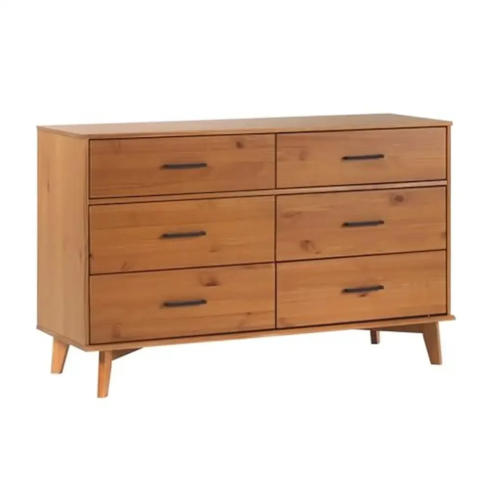 Modern Solid Pine 6-Drawer Dresser Metal Handles Storage Space Caramel Finish  Pine Wood Chic Handles Generous Organization