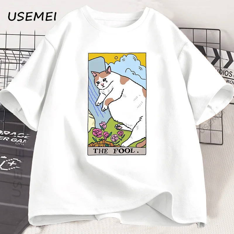 

Sad Cat Meme The Fool Tarot T-Shirt Men Women Witchy Clothing Crying Cat T Shirt Casual Oversized T-shirts Streetwear Clothing
