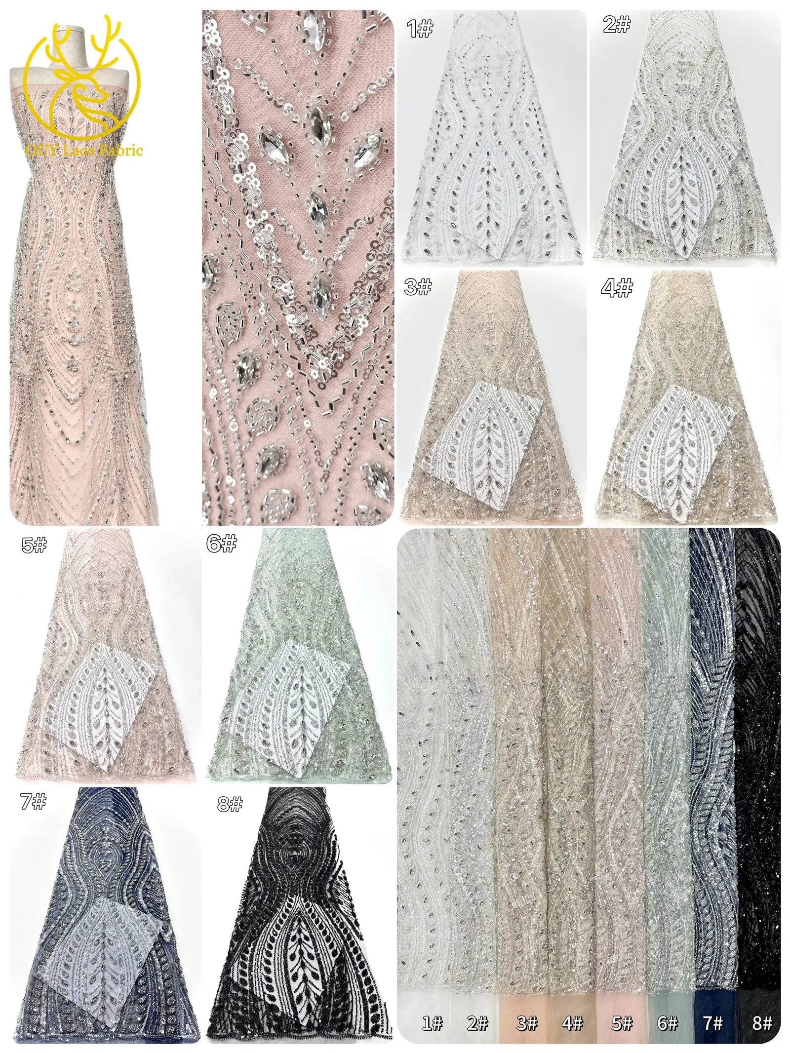 Nigerianischer handgefertigter Perlen-Diamant-Spitzenstoff, neuester 2026 eleganter afrikanischer Pailletten-Tüll-Spitzenstoff für Hochzeitskleider. – Detail 3