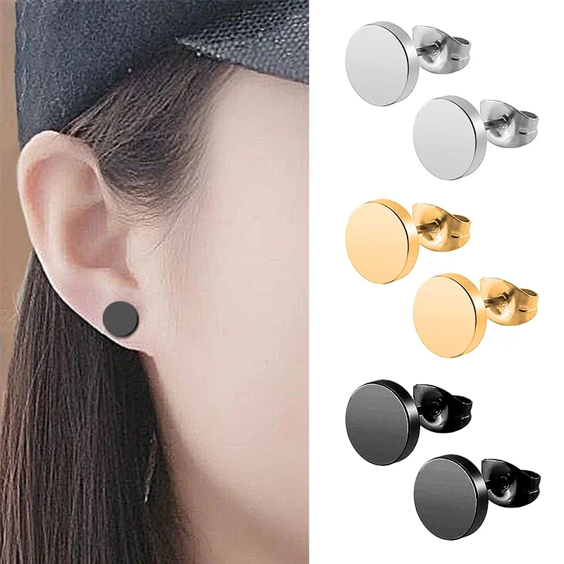 1Pair Stainless Steel Round Black Ear Studs Men Punk Stud Earring for Men Push Back Stud Earring for Women Men Jewelry Gift