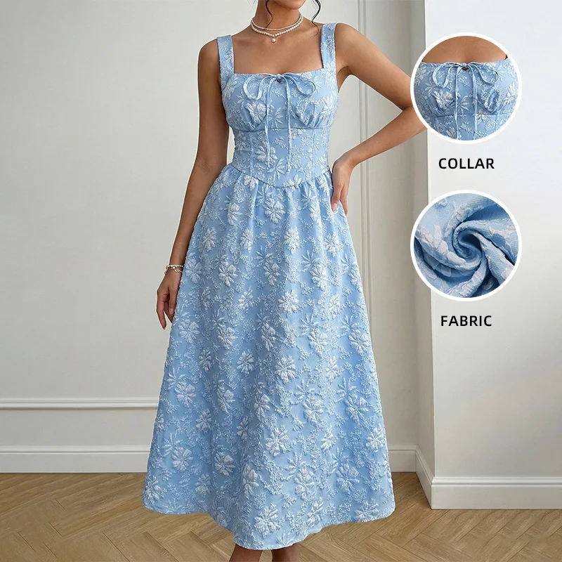 

Chic Sexy Camis Dresses Women 2026 Summer French Fresh Wind Suspender Dress Slim Fits Blue Jacquard Bow Pendulum Dress Y2K
