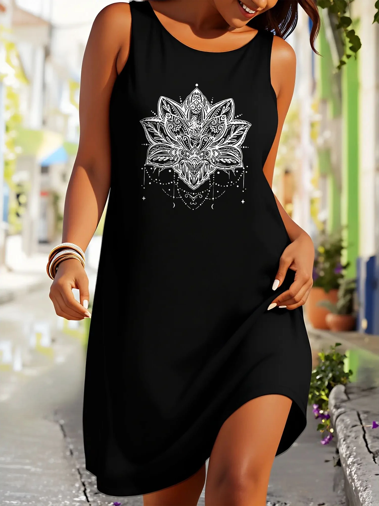 Plus Size Womens Elegant Casual Dress - Mandala Lotus Flower Design Print Fashion Sleeveless Crew Neck Dress - Perfect For Summer Vacation & Great Gift