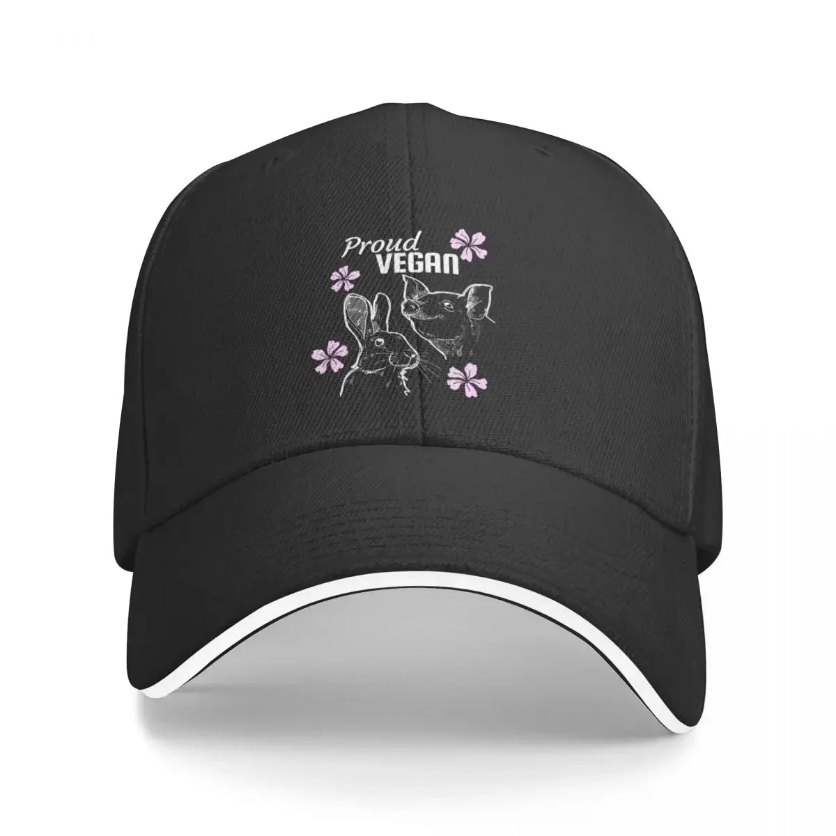 

Proud vegan text with some pink flowers and pig and a rabbit Baseball Cap Luxury Cap Women's Golf Clothing Men's