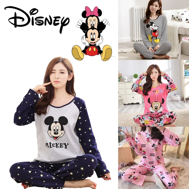 Disney Mickey Minnie Women Pajamas Set Cute Cartoon Printing Casual Sleepwear Two-pieces Long Sleeve Pant Loose Female Homewear