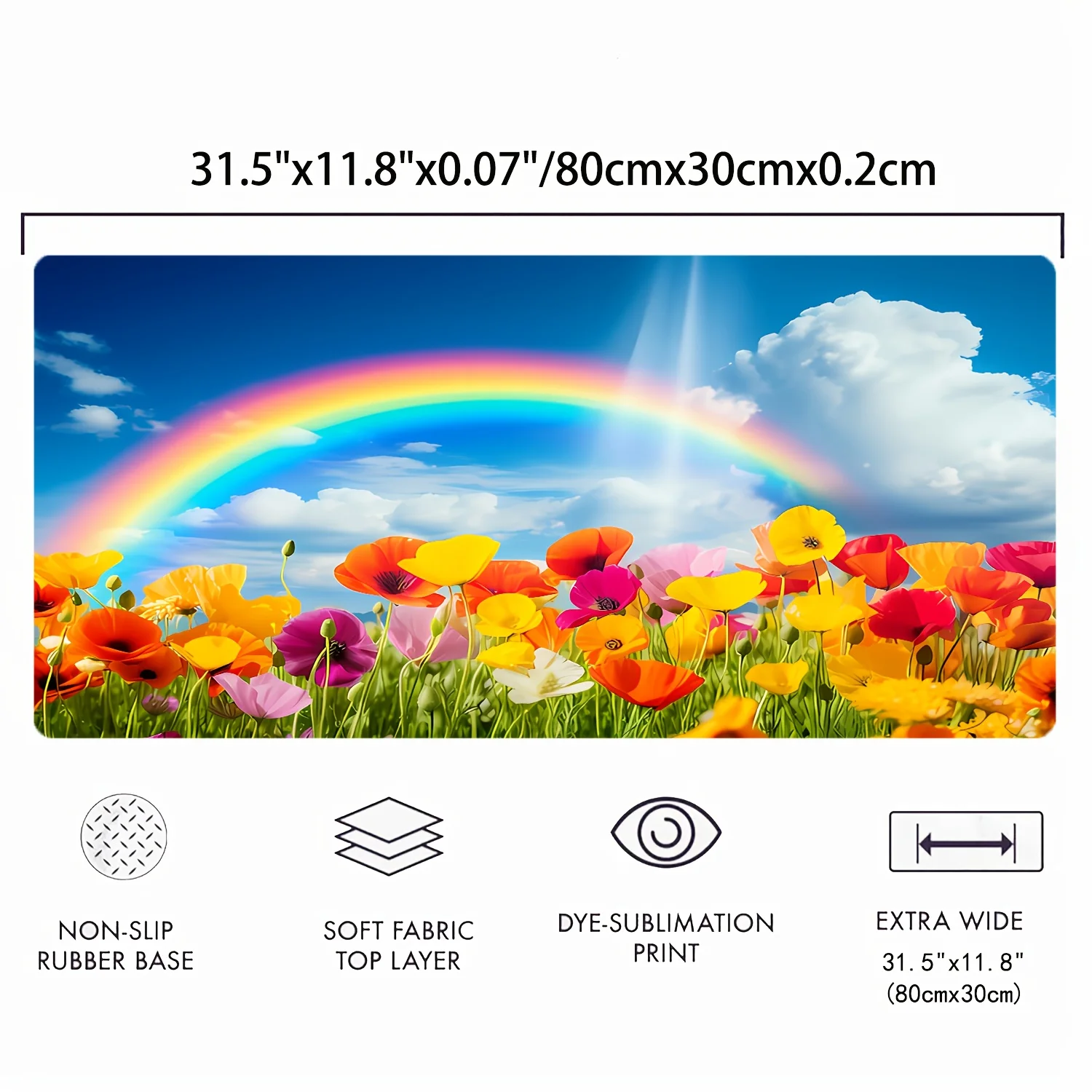 قطعة واحدة من لوحة ماوس كبيرة ممتدة بتصميم قوس قزح وزهور - حصيرة مكتب مطاطية مقاومة للماء مع حواف مخيطة، قاعدة غير قابلة للانزلاق لـ