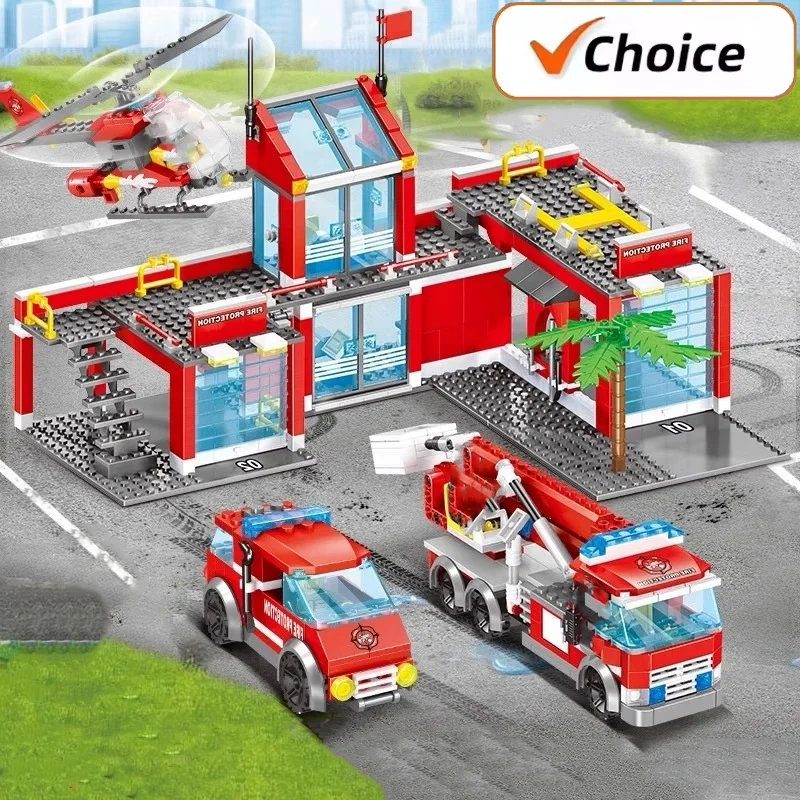 City Fire Station 758pcs Building Blocks Model Truck Helicopters Firefighter Moc Bricks City Educational Toys For Children Gifts
