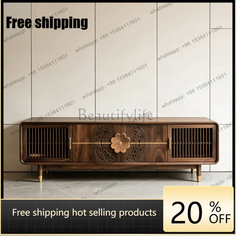 YJ New Chinese Vintage Carved Black Walnut TV Cabinet Custom For Villa Hotel Large Space