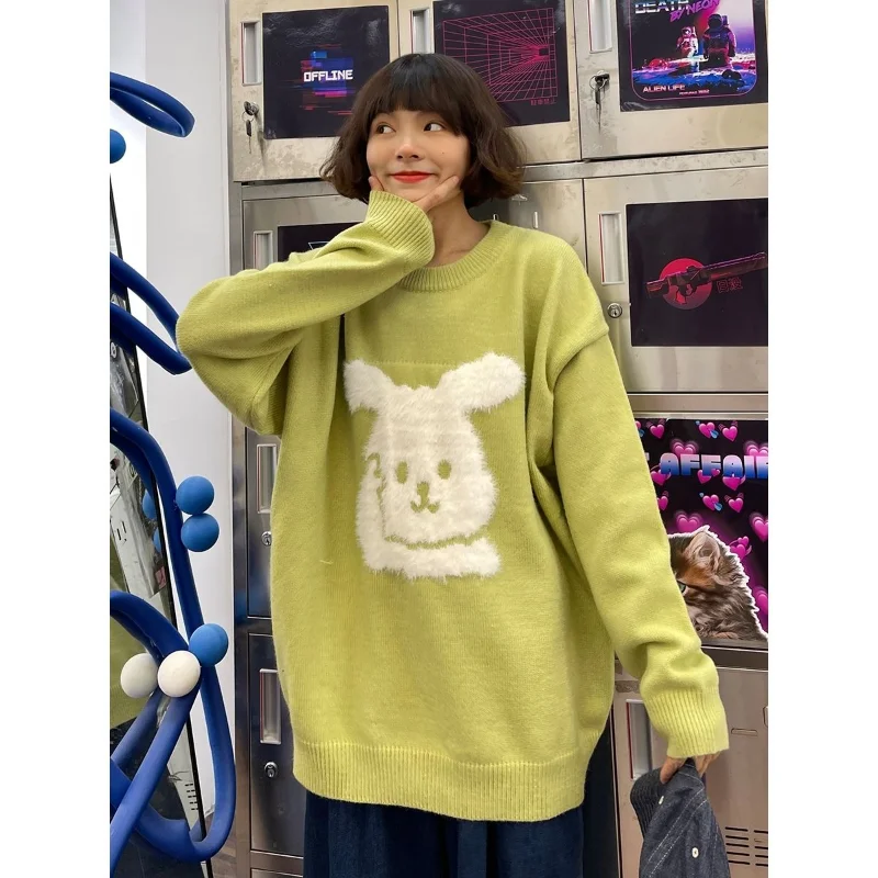 

Slouchy cartoon plush rabbit pullover sweater women autumn and winter 2023 loose round neck casual pullover sweater female tops