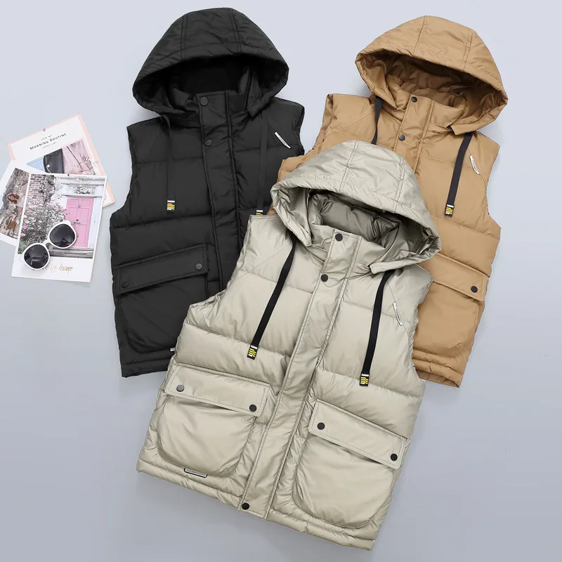 

Мужской однотонный хлопковый жилет, осенне-зимняя рабочая одежда, модная свободная куртка с несколькими карманами, съемная кепка, теплый женский топ, новинка 2023 года