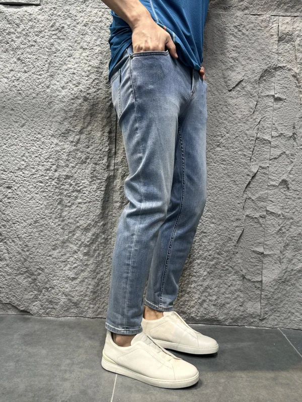 High Elasticity Breathable Men's Summer Denim Jeans mid Waist Nine Points Washed out Versatile Casual Straight Leg Fit Jeans