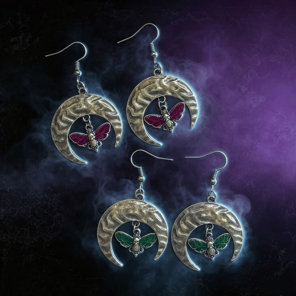 Retro Bronze Tone Crescent Moon Moth Dangle Earrings Red Green Enamel Death‑head Moth Drop Earrings Goth Pagan for Women Jewelry view 4