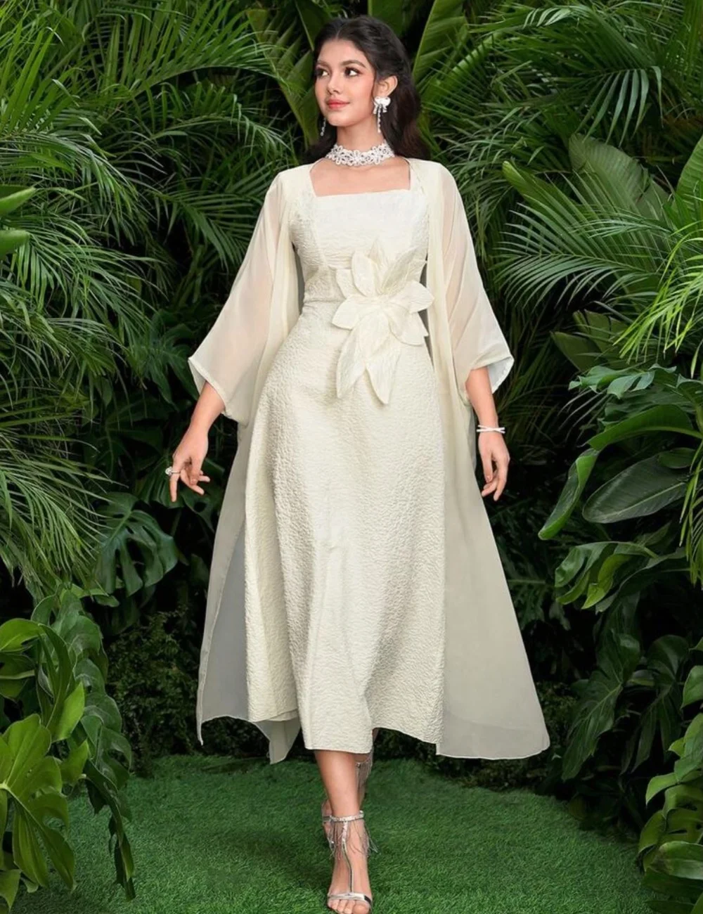 

Customized Intricate Pleat Flower A-line Square Neck Midi Bespoke Occasion Evening Dresses Sizes Available