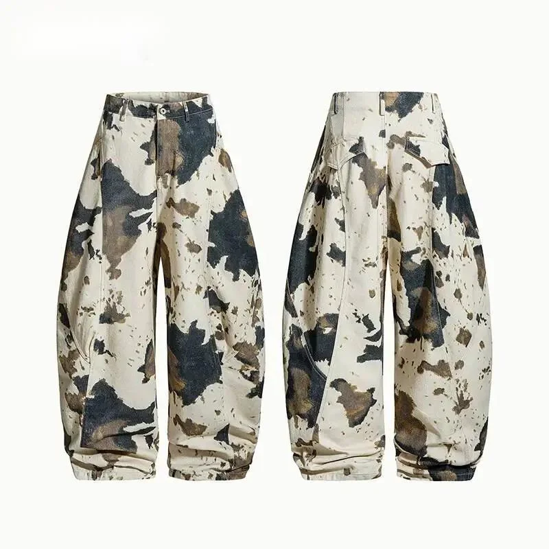 Niche Design Men's Casual Pants Cow Pattern Camouflage Contrast Color Loose All-match Male Curved Knife Trousers 9XR1WN