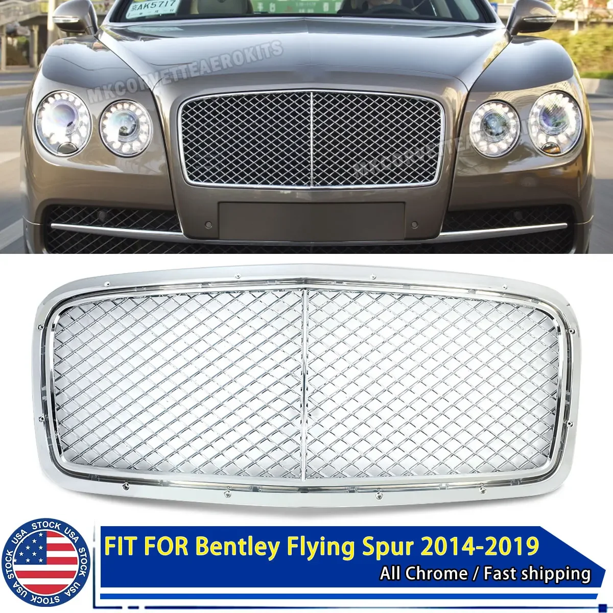 For 2014-2018 Bentley Flying Spur Front Bumper Upper Grille Grill Chrome