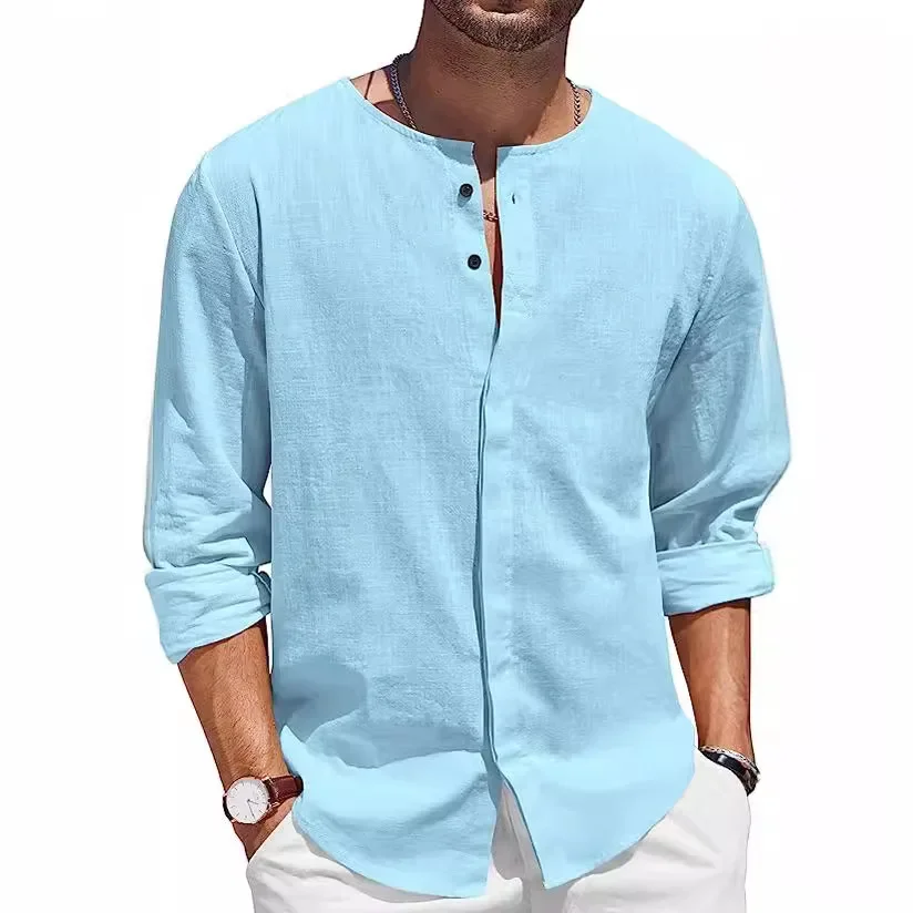Men's Breathable Cotton Hemp Shirt Long Sleeve Casual Button Collar Beach Shirt Summer Loose Vacation Style