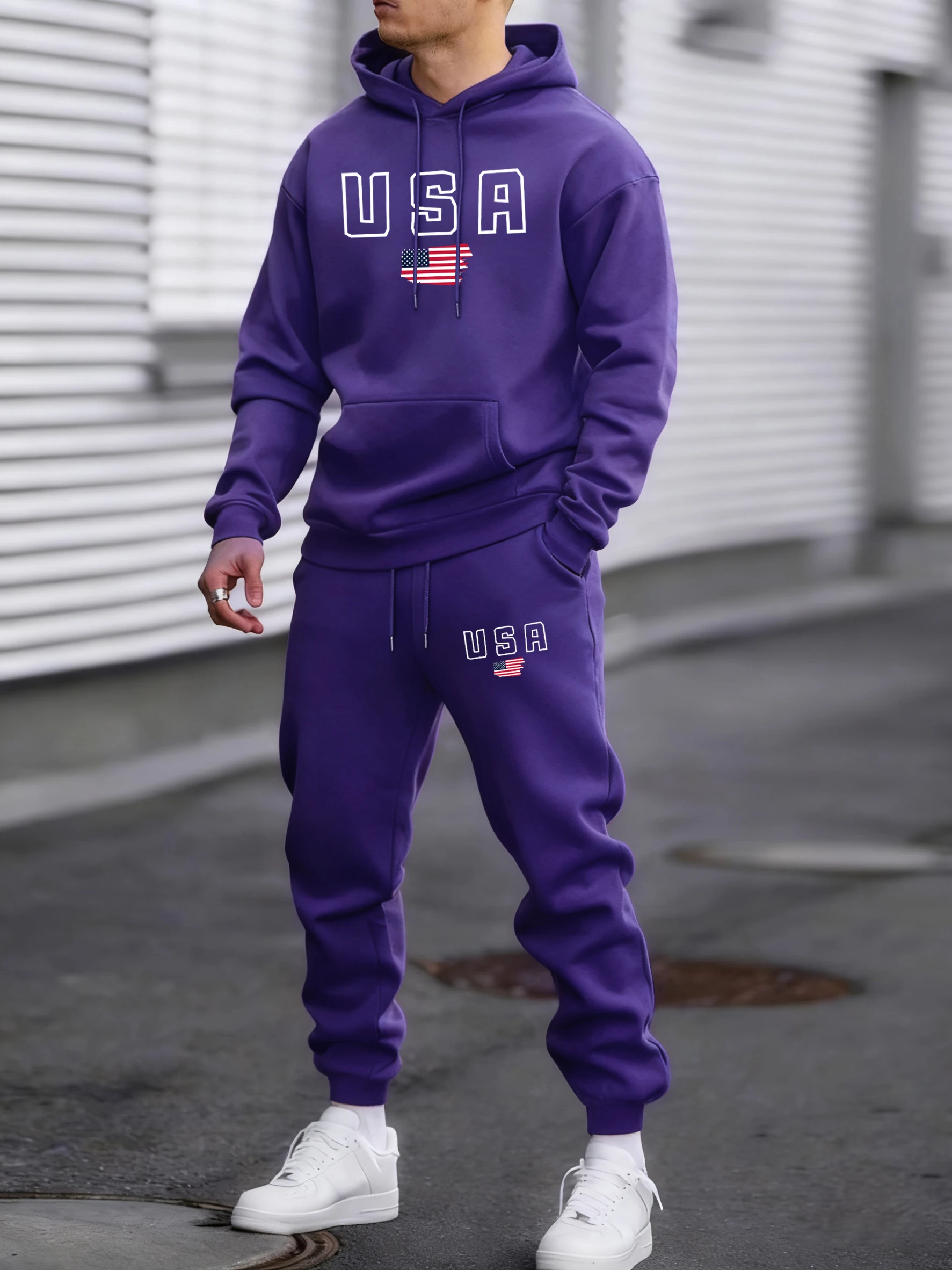 

Usa Creative Flag Printing Sportsuit For Men Simple All-Match Pants Autumn Warm Fleece Loose Clothing Unisex Colour Hoodies