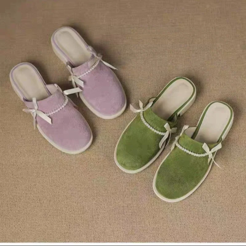 Lazy Slippers Baotou Pearl Bow Round Toe Deep Mouth Suede Slip-on Non-slip Temperament Low Heel Sandals