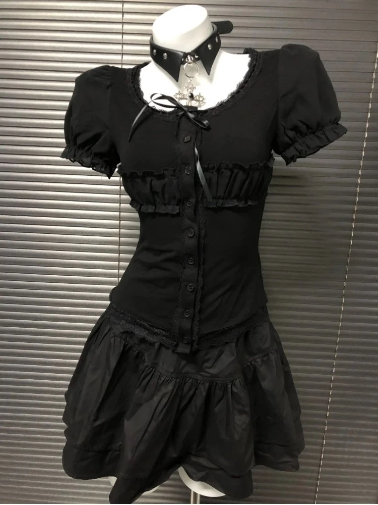 Sweet Gothic Short Sleeve 2 Piece Set Women O-Neck Punk Harajuku Korea Vintage Mini Skirt Suit Y2k Hot E-Girl Lace 2000s Sets
