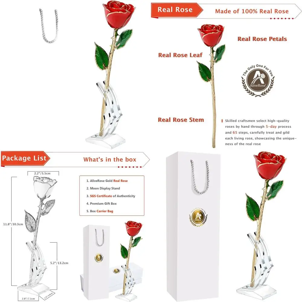 Rosa Bañada en Oro Real de 24K - Elegante Regalo Hecho a Mano para Aniversarios, San Valentín, Día de la Madre y Cumpleaños (Roja con Base)