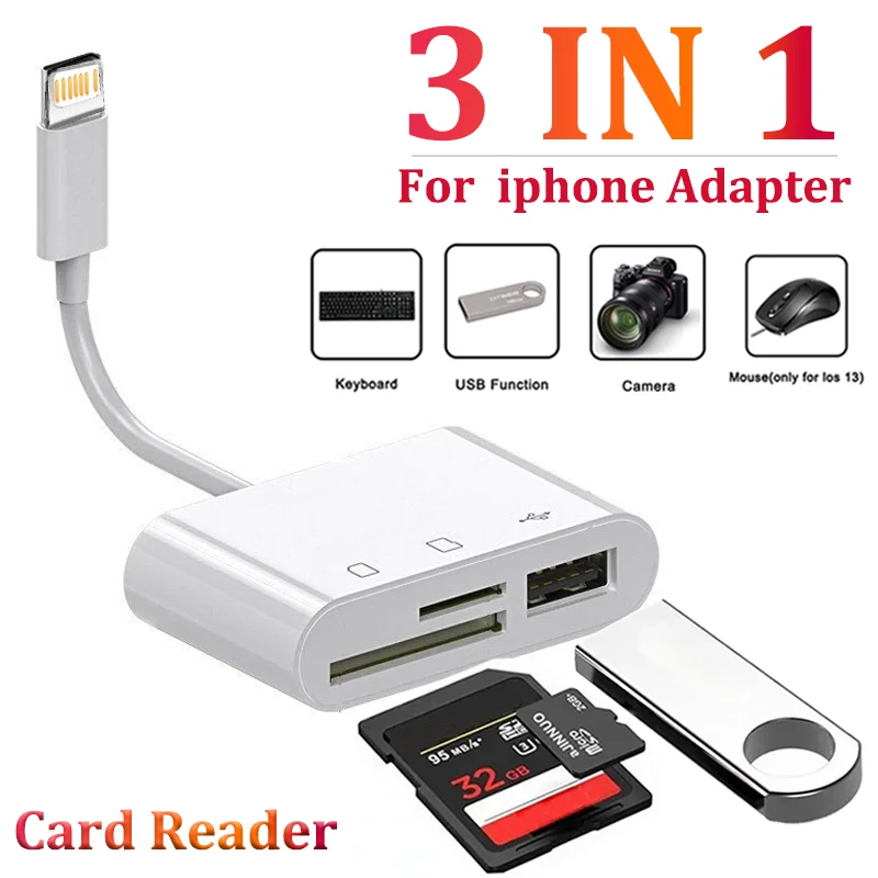 OTG 3-in-1 TF SD-kaartlezer Datatransmissie Splitter Camera Reader Adapter voor iPhone 15 14 13 12 11 XR Pro Max XR Android