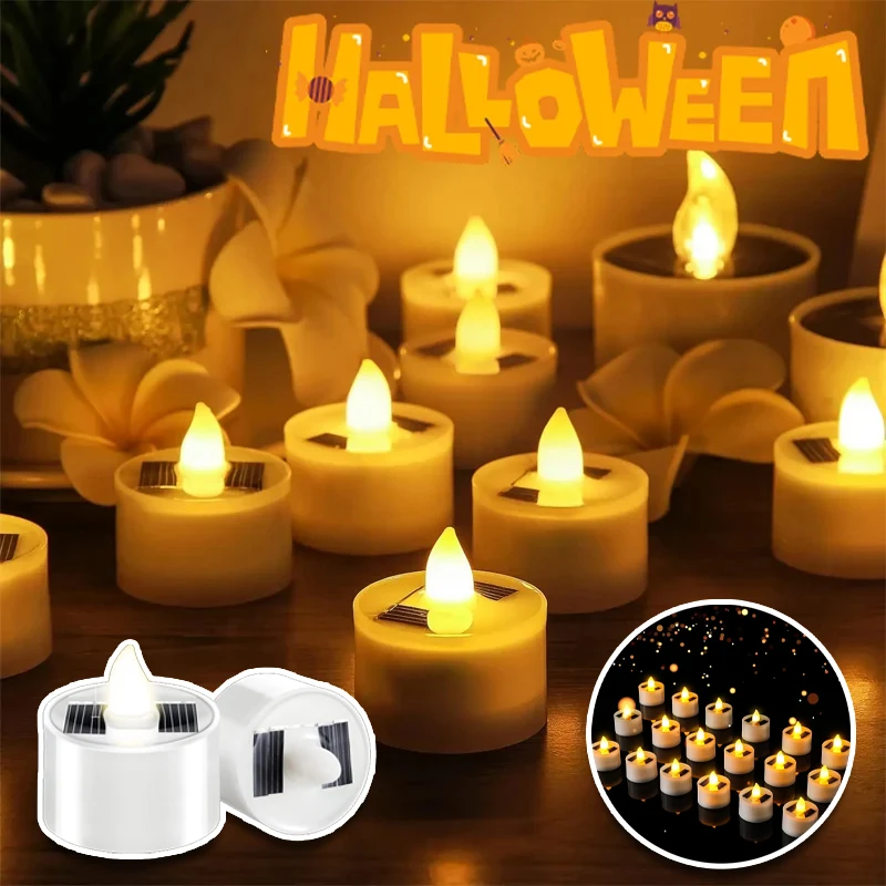 Solar LED Tea Light Candles Reusable Flameless Smokeless Flickering Lamp for Outdoor Garden Xmas Wedding Party Halloween Decor