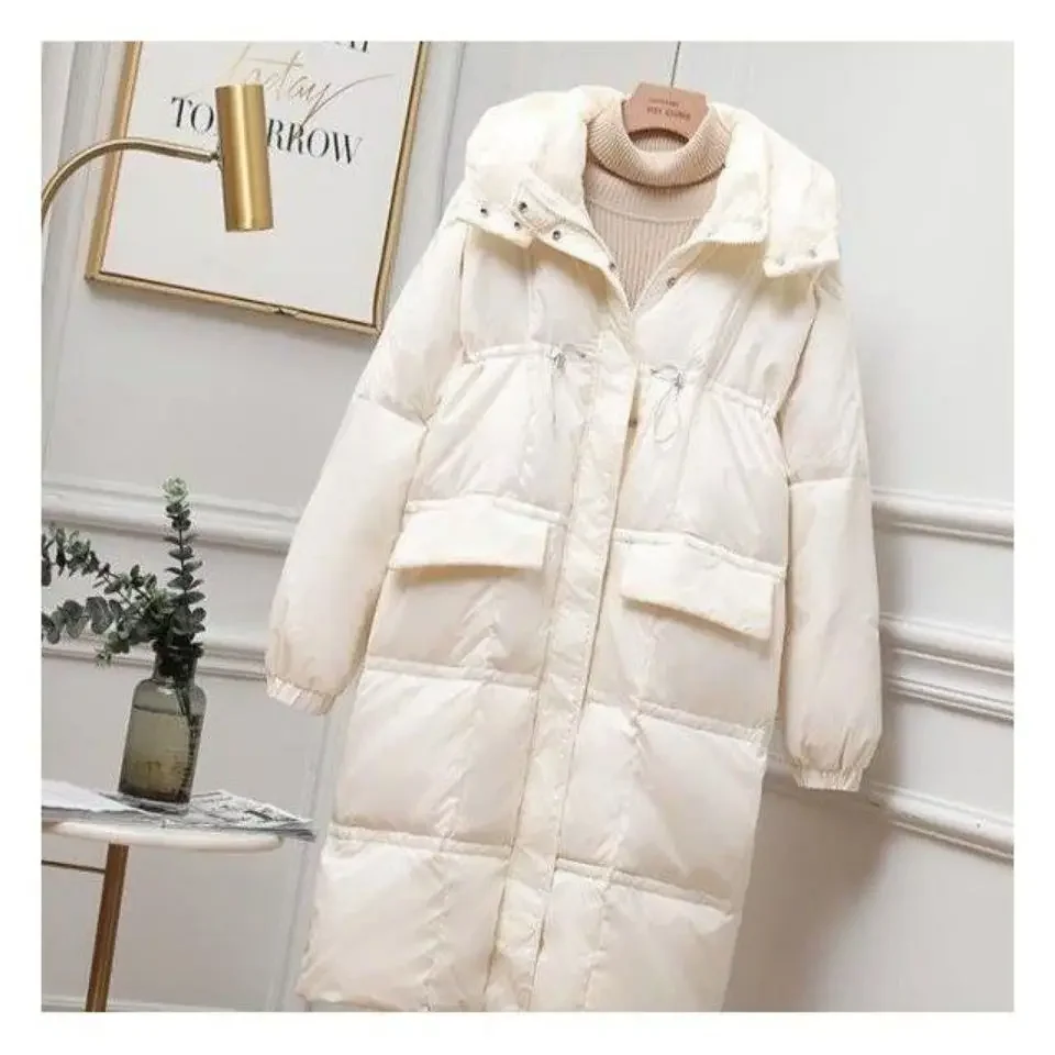 Winter Fashion Mid-length Over-the-knee Down Jacket Women's Bright Face Waist Thickened White Duck Down Bread Jacket